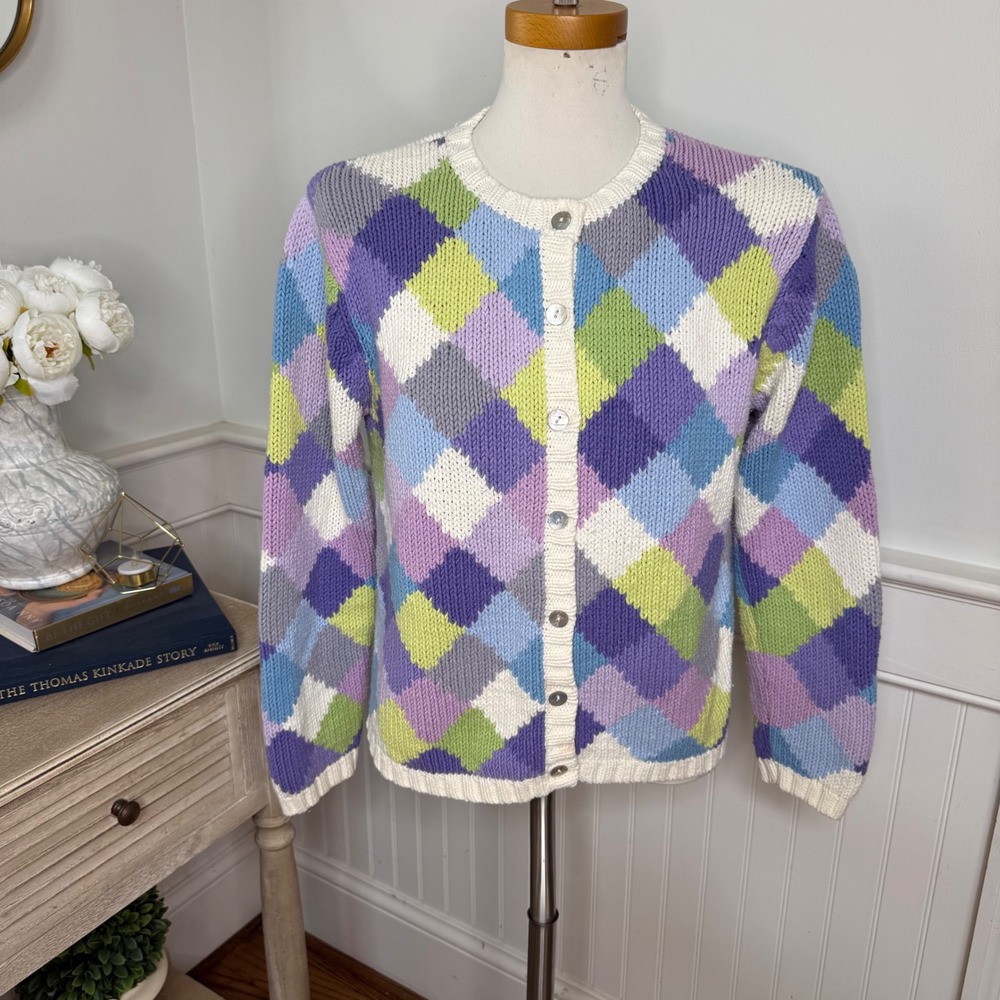 David Brooks Women Argyle Knit Cardigan Pastel Purple Blue Green M 130200
